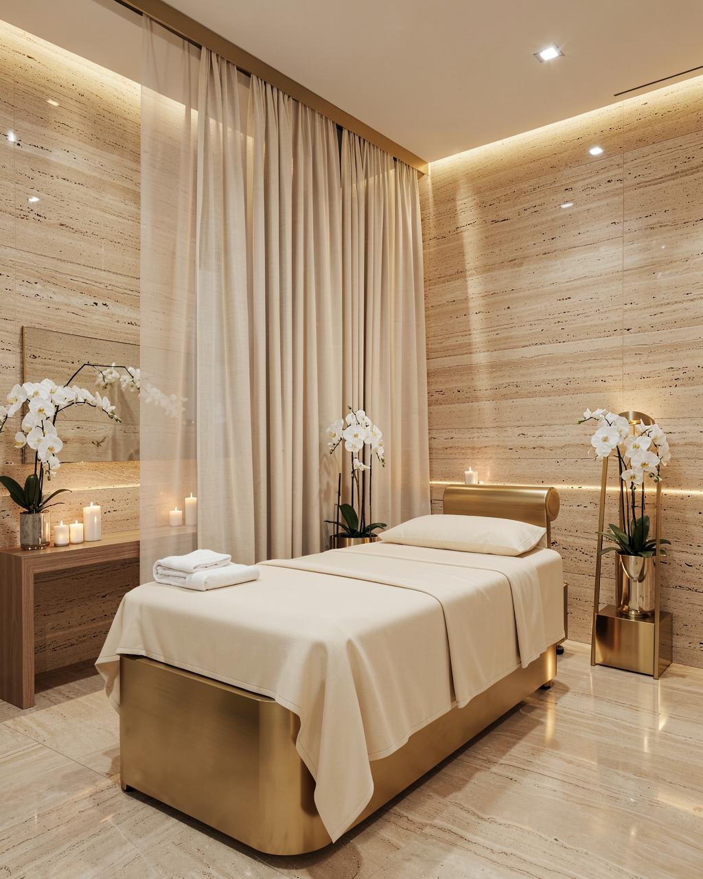 Serene Isalun treatment suite with cream linens, orchids, and warm stone