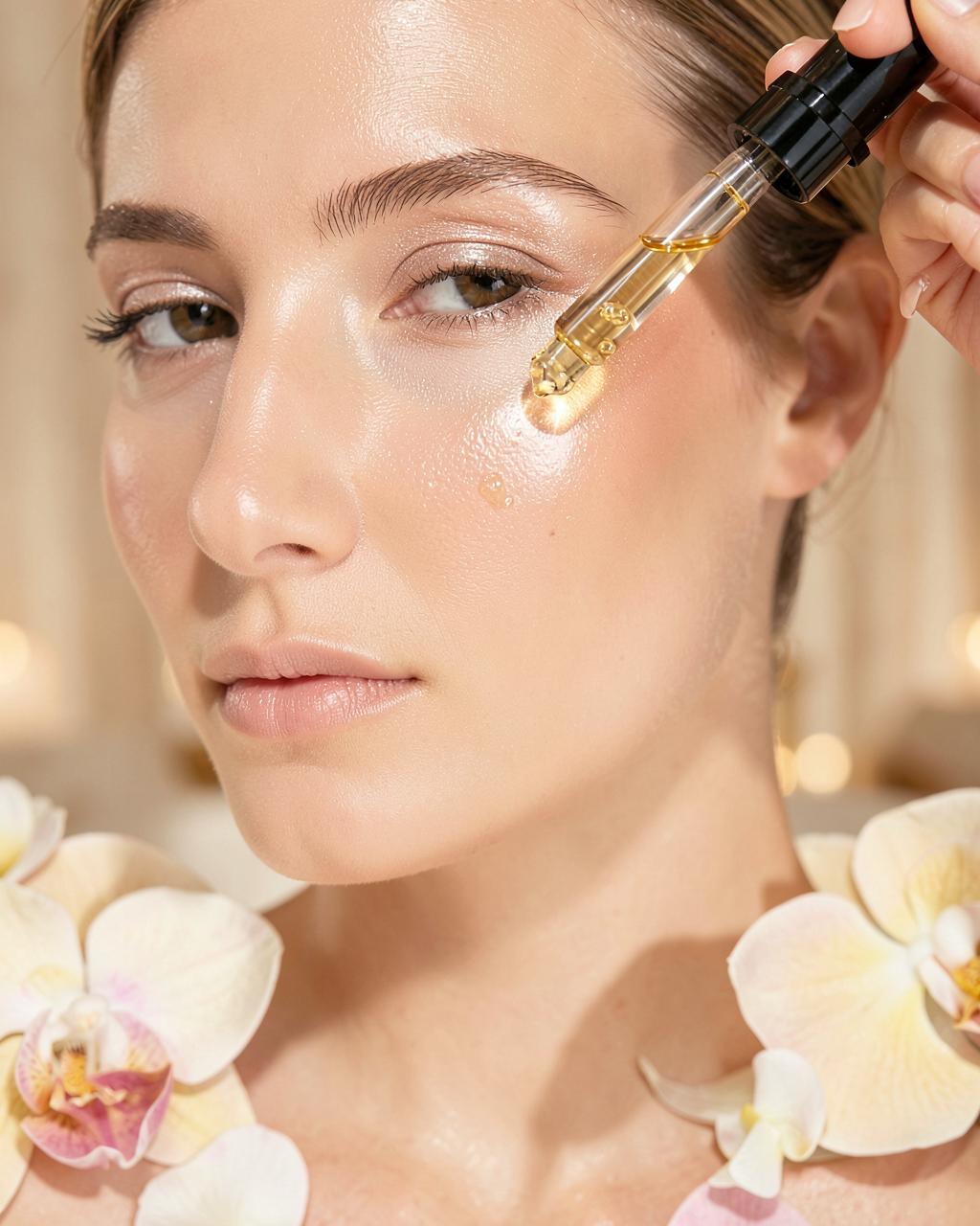 Brightening serum dropper over luminous, even-toned skin